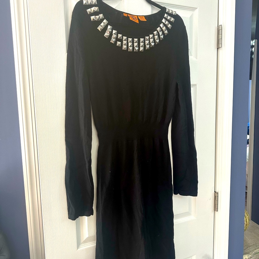 Tory Burch Black sweater dress with silver studs cinched waist.